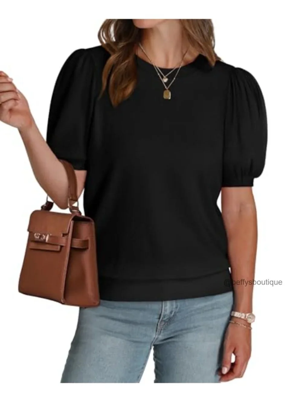 Women's Puff Short Sleeve Knit Sweater Business Casual Crew Neck Blouse